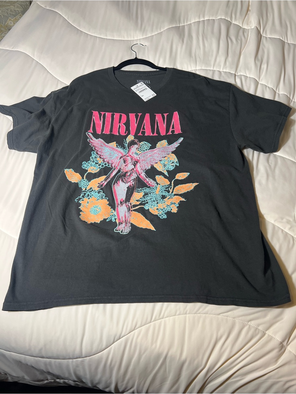 NIRVANA Black Tee with Pink Angel and Teal & Orange Floral Print